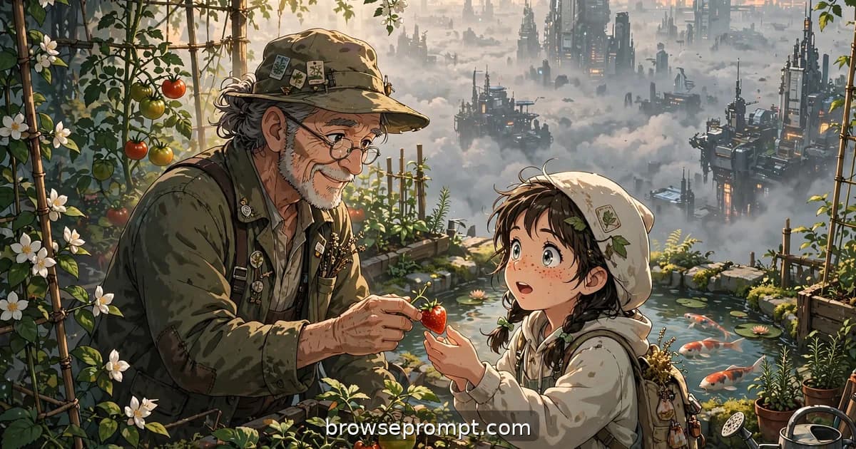 An old botanist waters seedlings in a lush secret rooftop garden floating above a grey sea of smog.