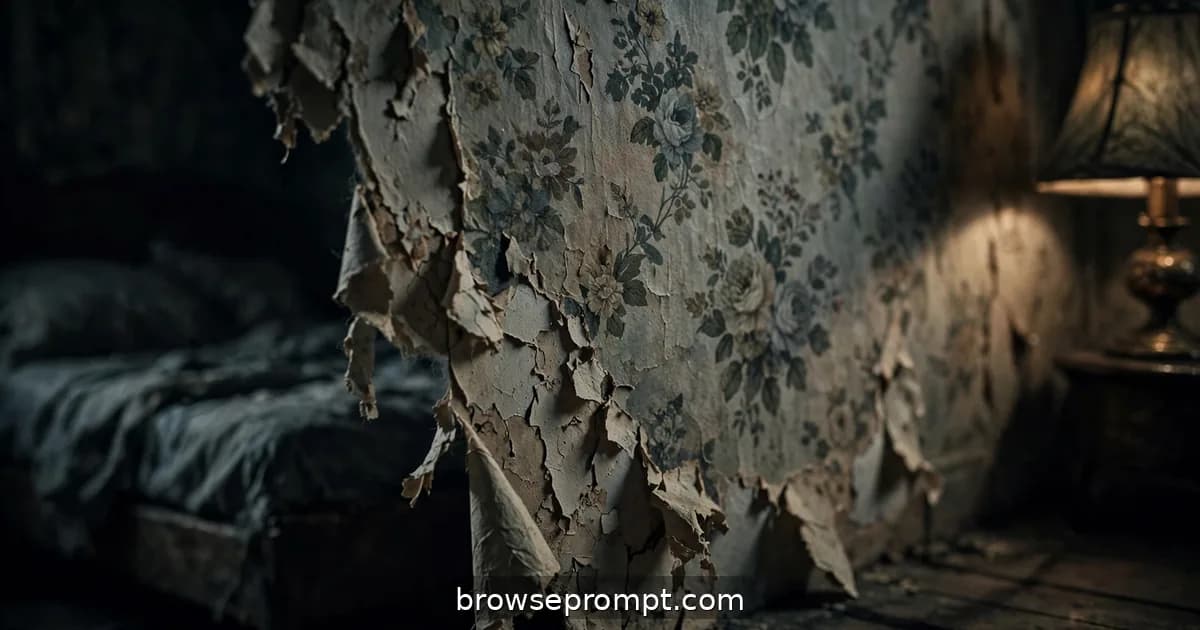 Dark cinematic still of the wallpaper breathes: uncanny body-horror dread, a single bedside lamp casting long shadows, the room.