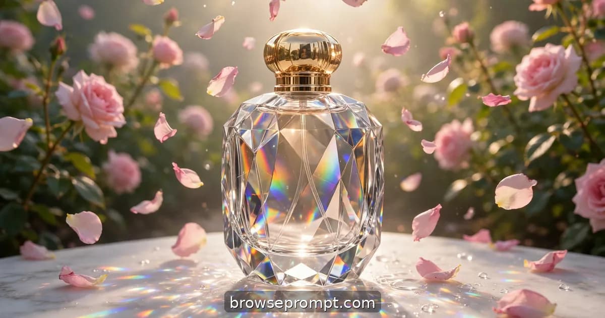 A faceted crystal perfume flacon in a rose garden at dawn as petals spiral around it in slow motion.