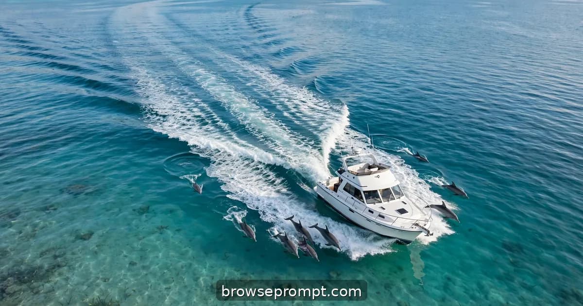 Aerial nature cover art: a drone tracks a dolphin pod surfing a boat's wake, bow-riding in crystal water.