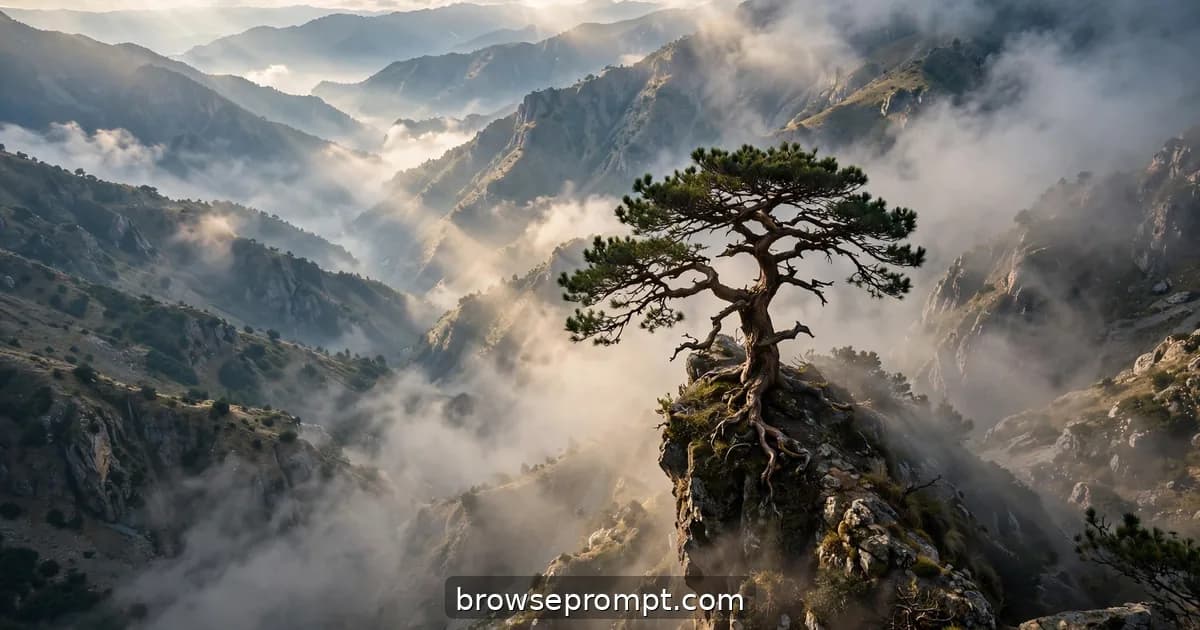 Aerial nature cover art: a single ancient pine clings to a cliff ledge as the drone pushes in through drifting mist.