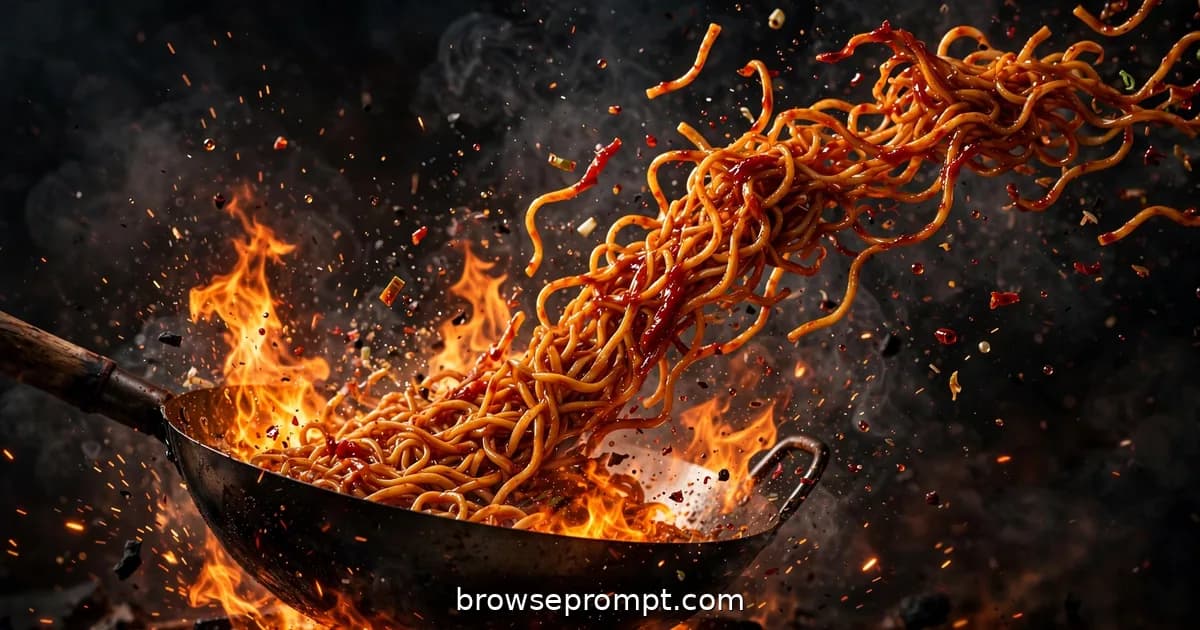 A chef tossing noodles through erupting wok flames, chili crisp sizzling, sparks flying in slow motion.