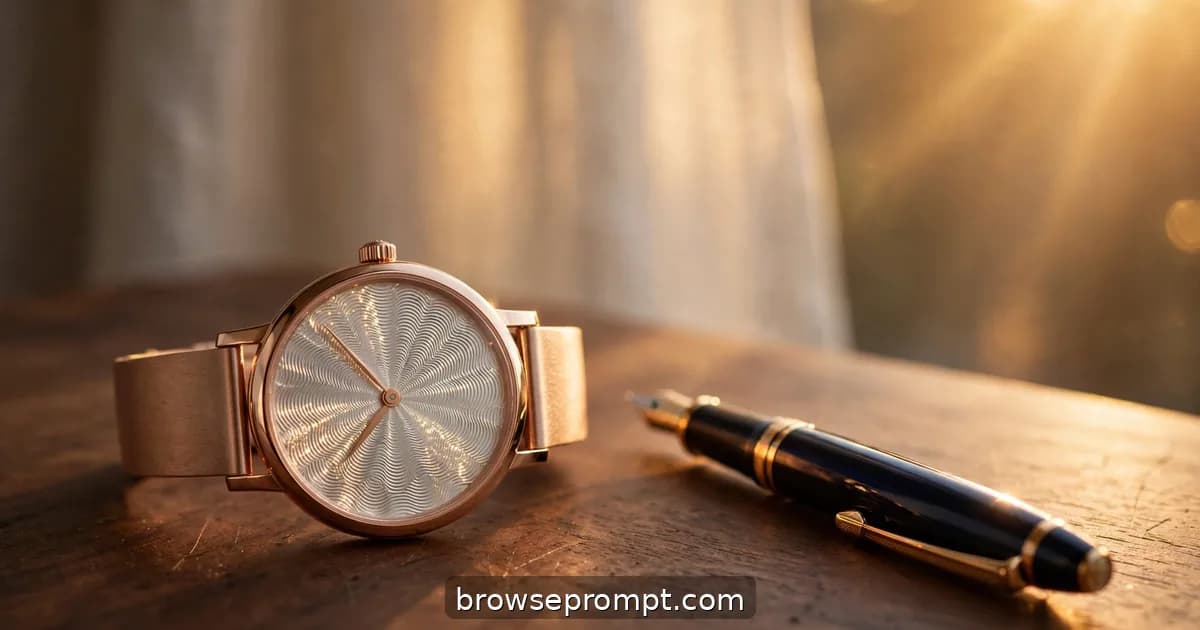 A slim rose-gold dress watch on a walnut desk, its guilloche dial shimmering in low golden sunlight.