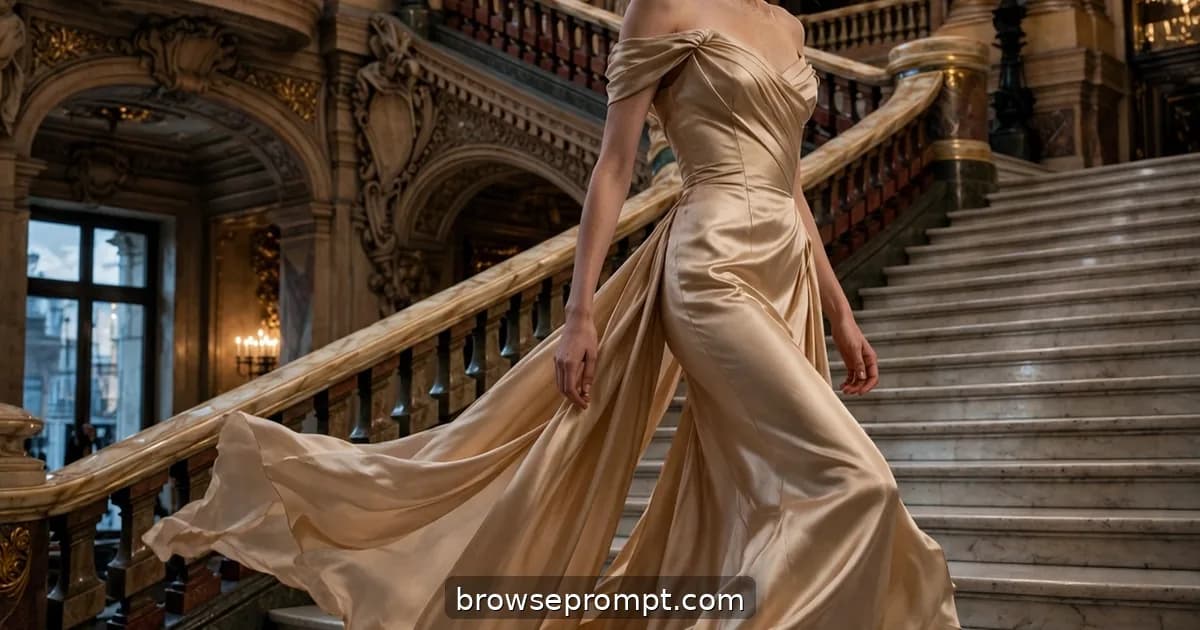 A model descends a grand opera staircase in a champagne silk gown, its ten-foot train flowing down the steps like water.