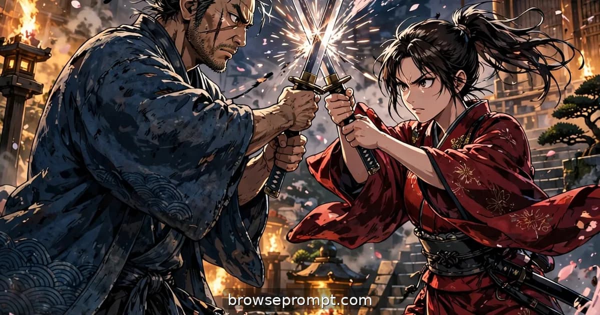 A ronin and a swordswoman cross katanas in a moonlit temple courtyard amid swirling cherry blossom petals.
