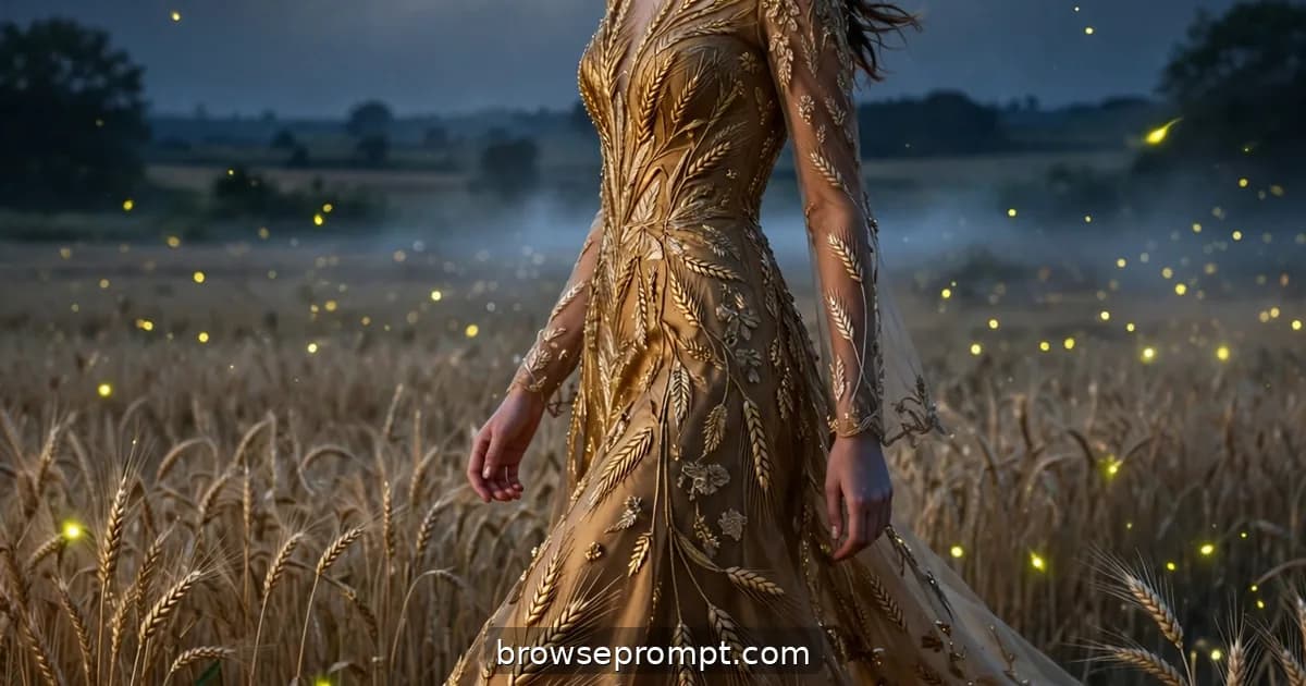 A model in a wheat-gold couture gown embroidered with barley walks a moonlit wheat field as fireflies drift around her.