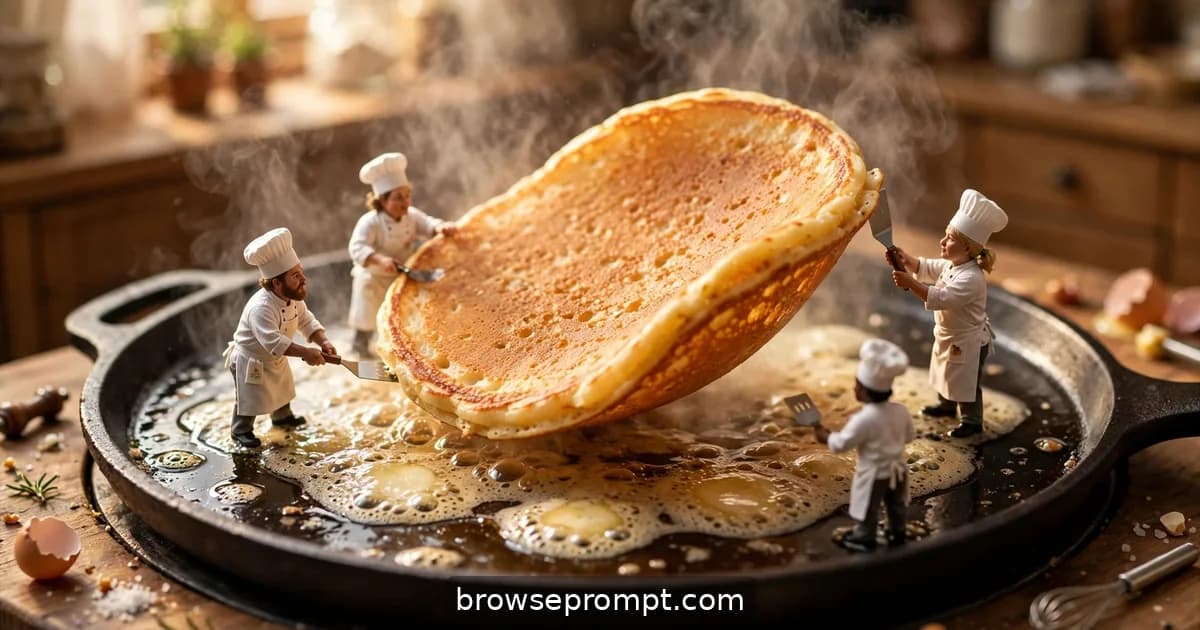 Tilt-shift photo of inch-tall chefs flipping a giant pancake on a sizzling griddle in warm dawn light.