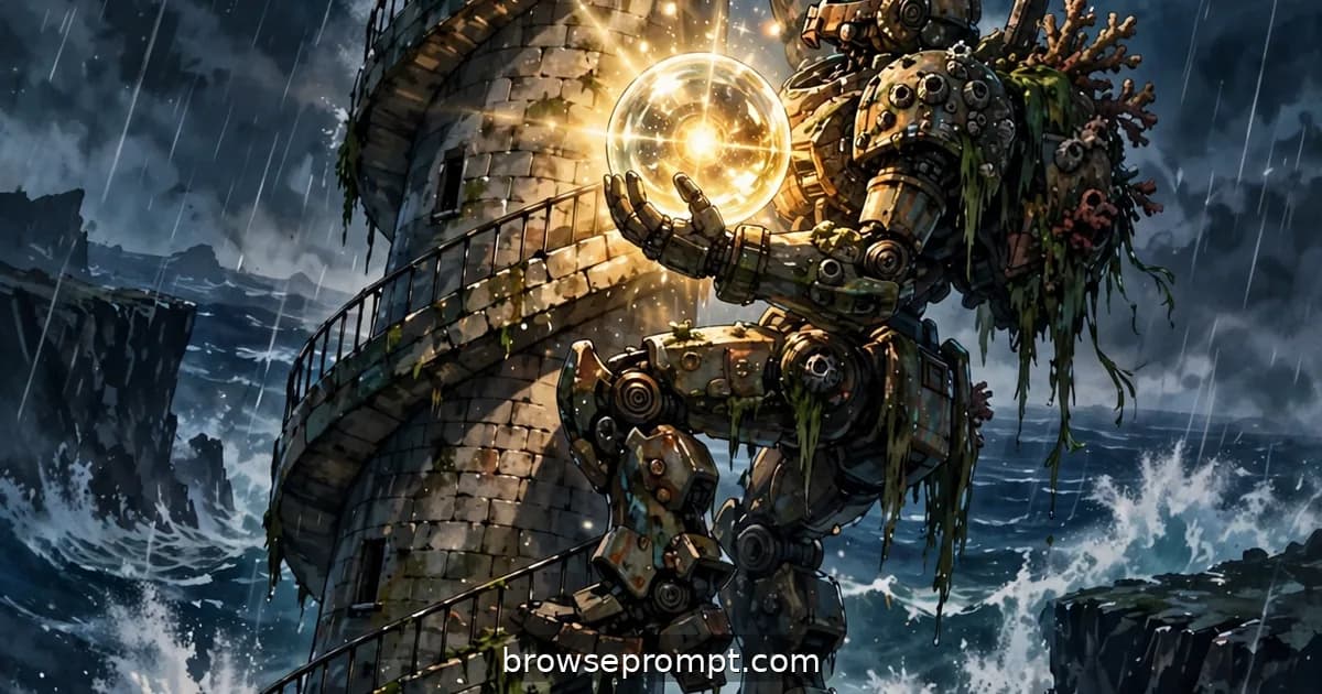 A barnacle-crusted ancient mecha climbs a dark lighthouse carrying a glowing replacement lens through a screaming storm.