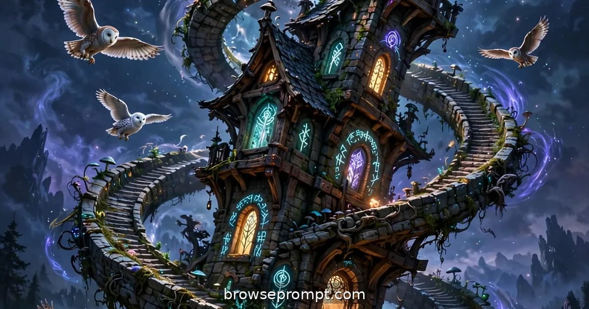 A drone spiraling up a wizard's crooked tower past glowing windows and circling familiars.