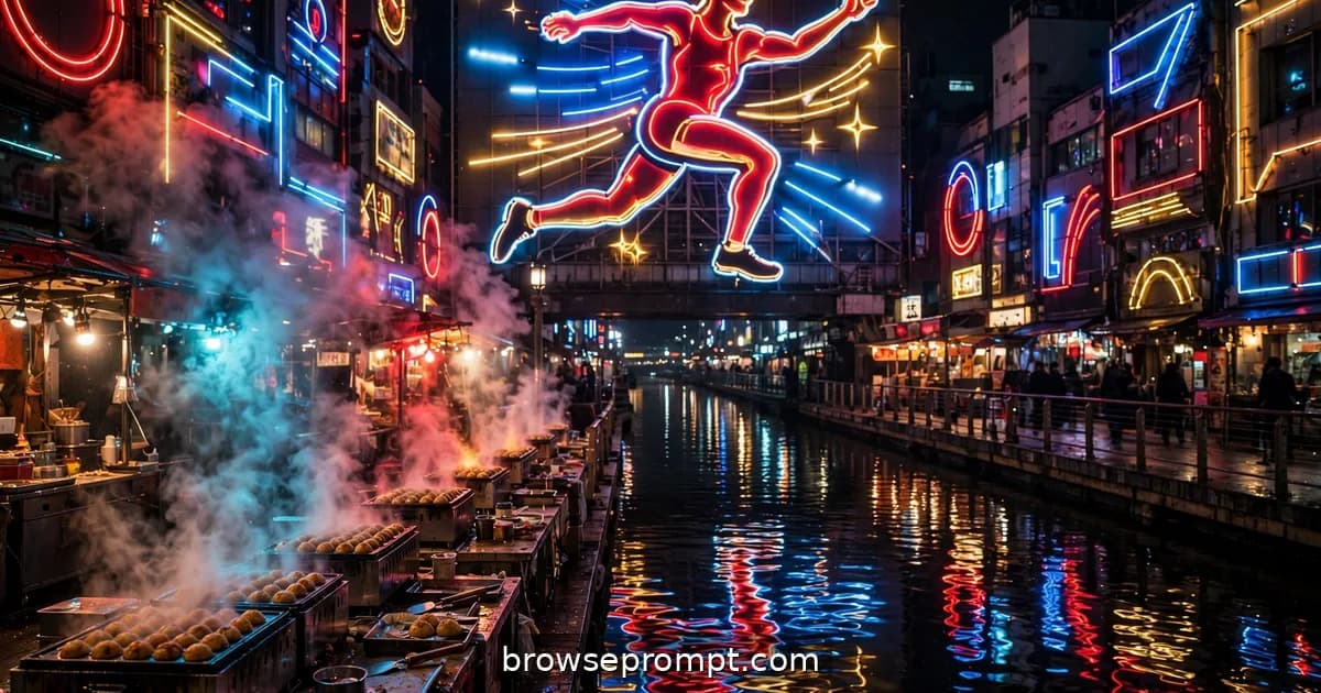 Neon signs blazing over Dotonbori canal at night with steam rising from street food stalls.