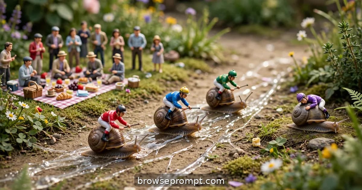 Tilt-shift photo of tiny jockeys racing snails down a garden path in the snail grand prix.