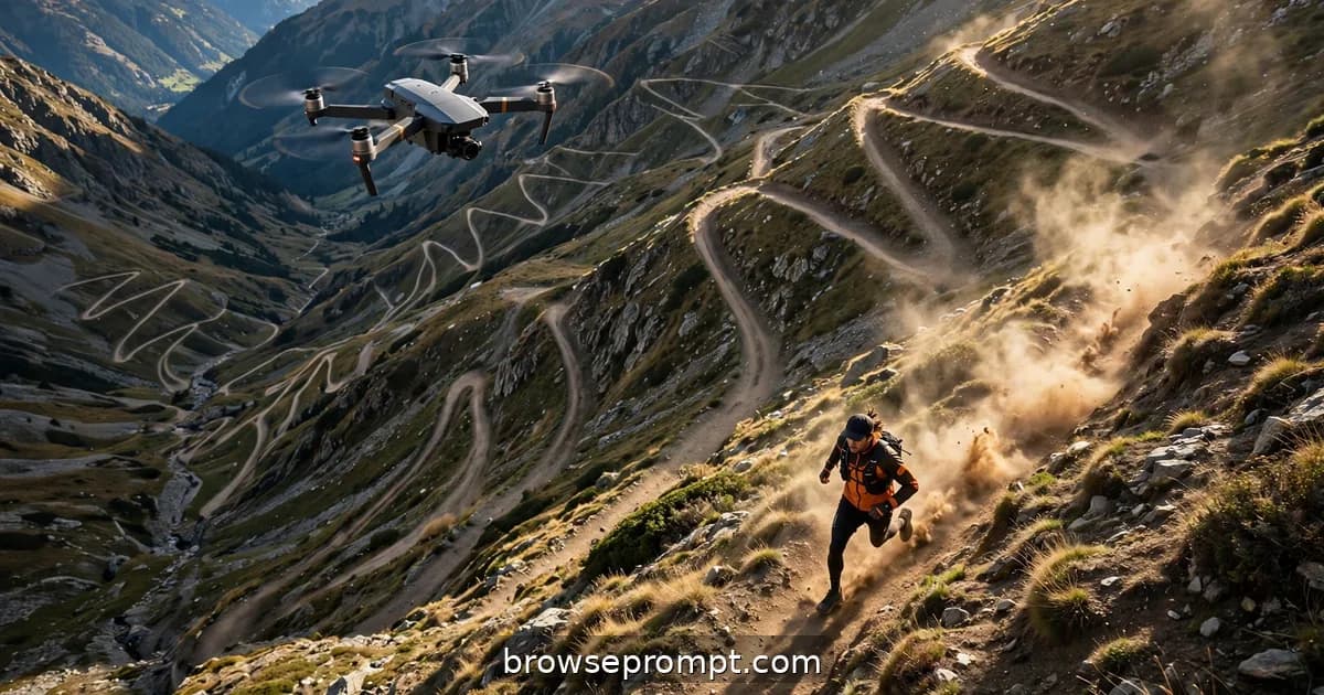 Aerial nature cover art: a drone chases a trail runner down endless alpine switchbacks, dust kicking, at full tilt.