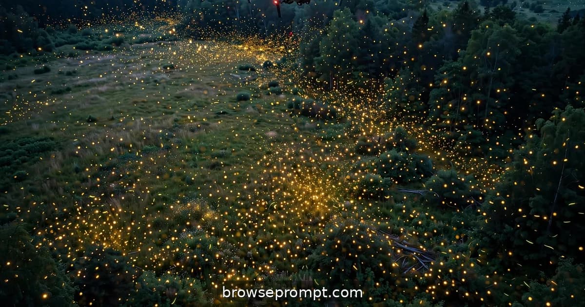 Aerial nature cover art: at dusk, a drone drifts over a meadow edge as ten thousand fireflies ignite the dark.