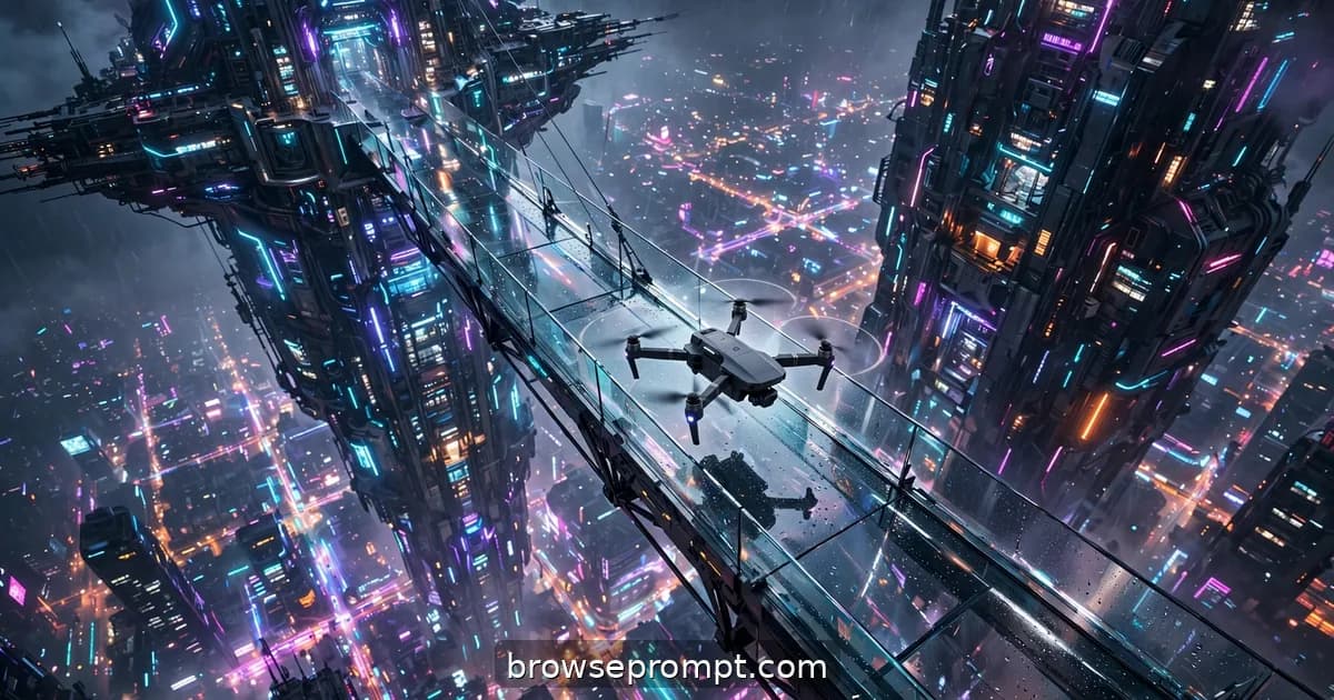 A drone gliding along a glass skybridge joining two cyberpunk megatowers high above neon streets.