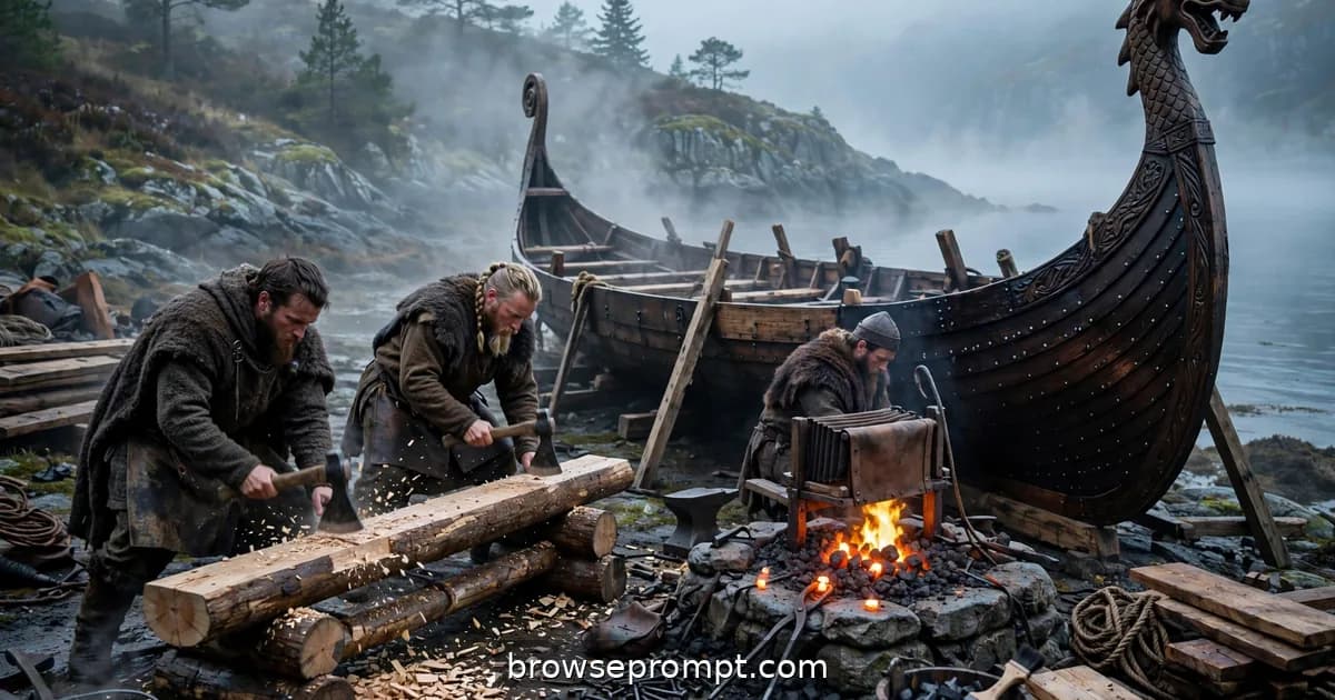 Viking shipwrights shape a longship's curved prow with adzes on a misty Norwegian shore, forge glowing nearby.
