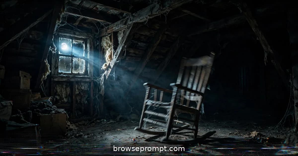 A cinematic horror still of dust on the rocking chair — patient, escalating dread under deep shadow swallowing the frame, a single cold light.