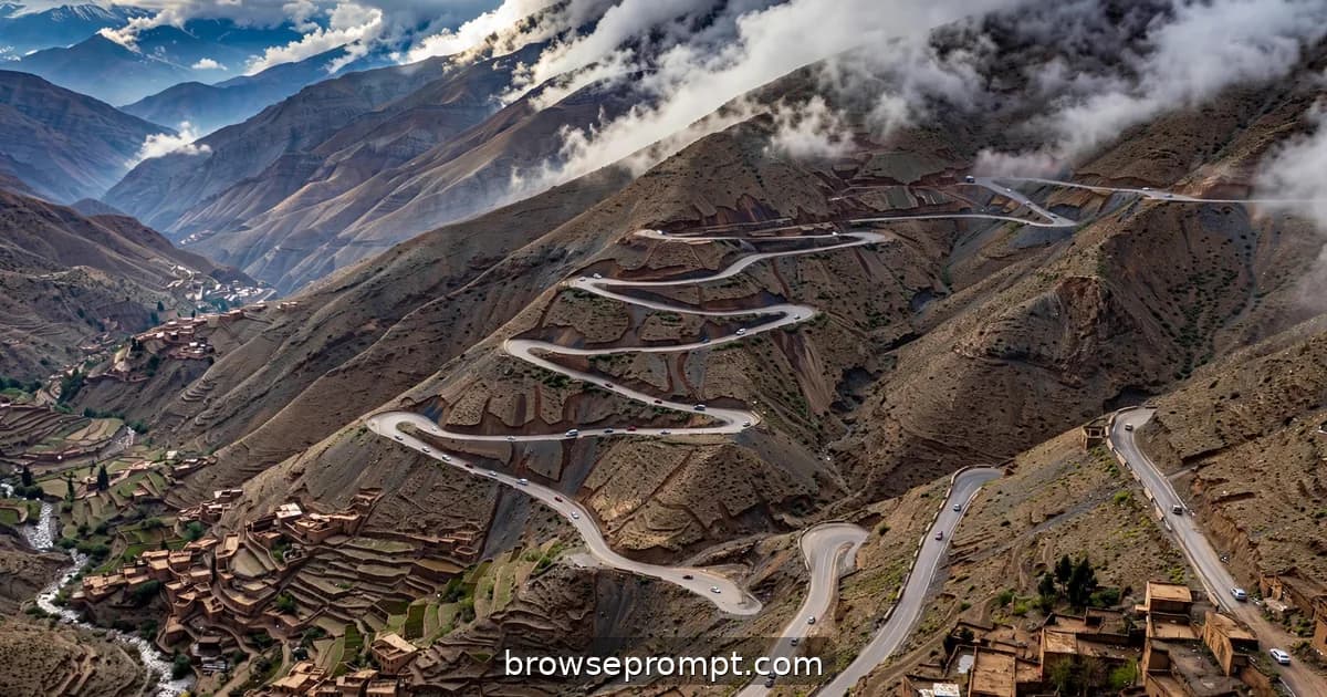 Switchback road zigzagging through Morocco's High Atlas mountains with clouds boiling over the ridge.