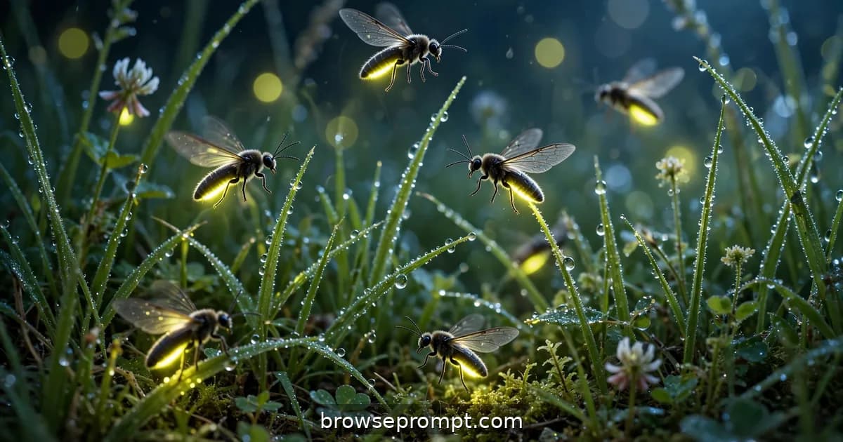 Thousands of fireflies pulse in green-gold waves over a dark summer meadow dotted with glowing dewdrops.