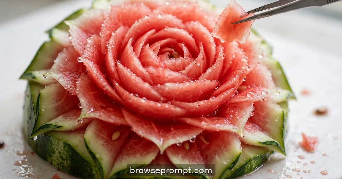 A carver's blade shaping a watermelon half into a blooming rose, thin petals unfurling, juice beading.