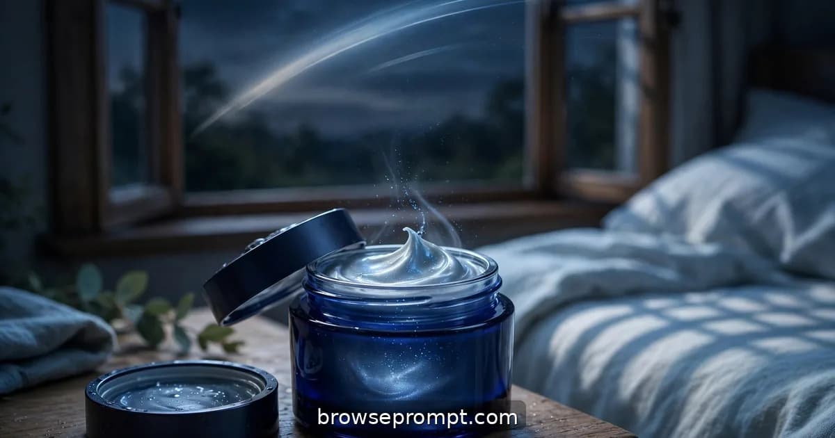 A deep-blue night cream jar glowing faintly on a bedside table in moonlight at 3 a.m.