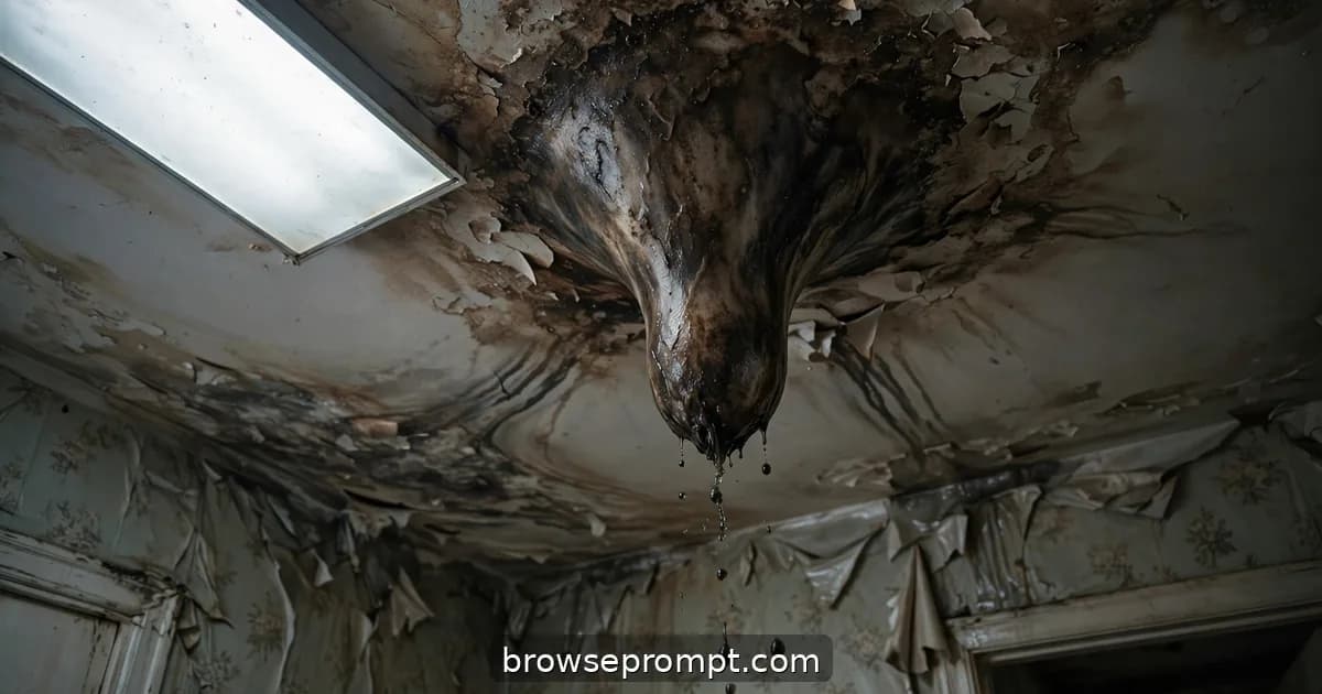 A cinematic horror still of paint bubbles on the ceiling — visceral, biological dread under flat ceiling light, clinical and unforgiving.