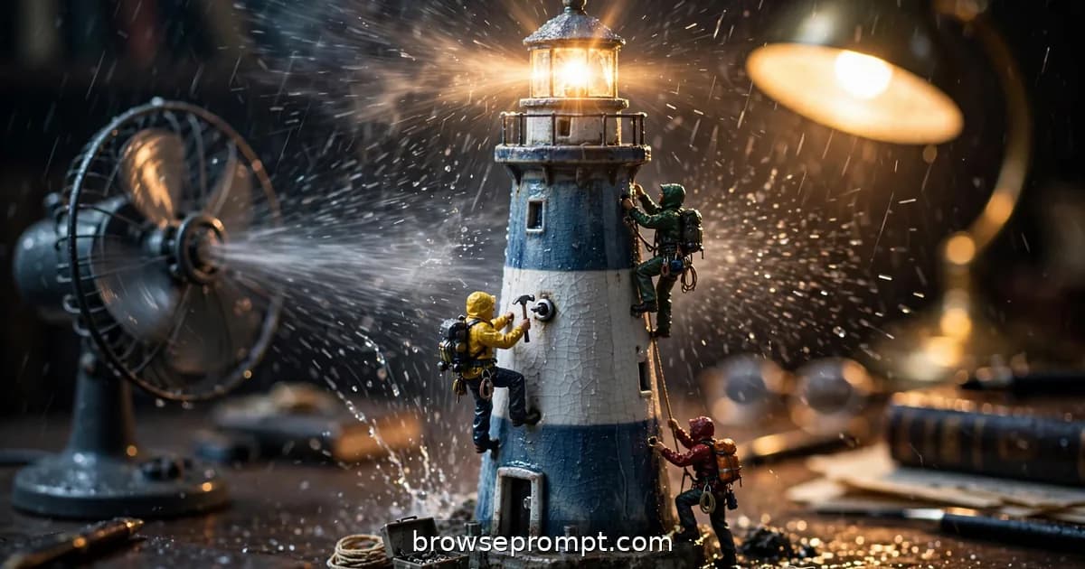 Tilt-shift photo of a tiny crew in rain gear climbing a tabletop lighthouse to relight its beacon.