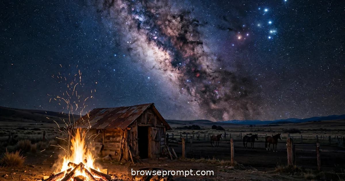 The Milky Way's core wheeling over a bonfire beside a Patagonian estancia shearing shed at night.