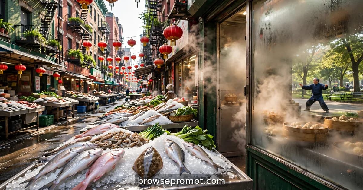 Mott Street in Chinatown at morning with fish markets, red lanterns, and dumpling shop steam.