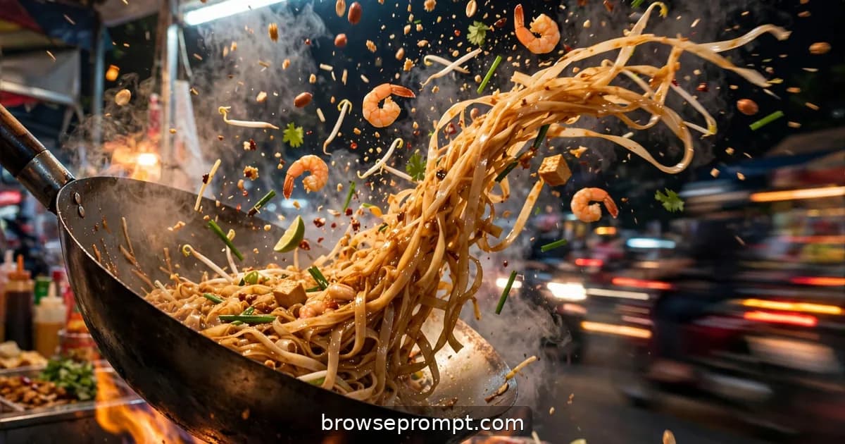 A Bangkok vendor tossing pad thai in a blackened wok, noodles arcing through fragrant tamarind steam.