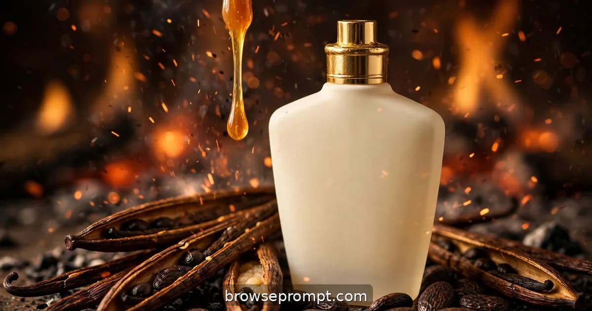 A cream-colored vanilla perfume flacon glowing in firelight among split vanilla pods and drifting embers.