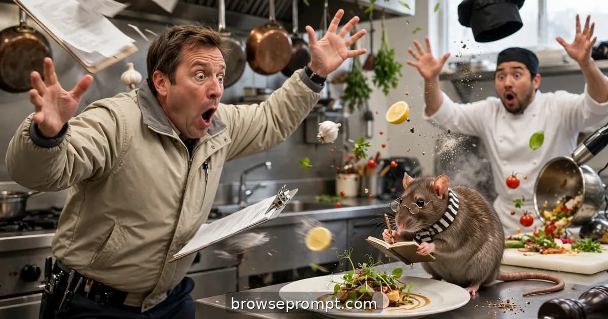 Comedic cover art: a health inspector discovers a rat in the kitchen, but the rat is wearing a tiny critic's scarf and taking notes on the chef's plating.