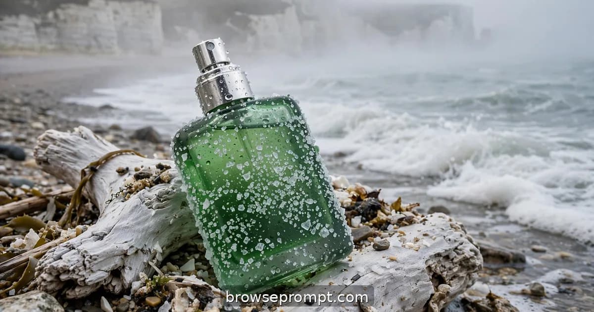 A sea-glass-green marine fragrance bottle resting on bleached driftwood as sea mist rolls over the beach.