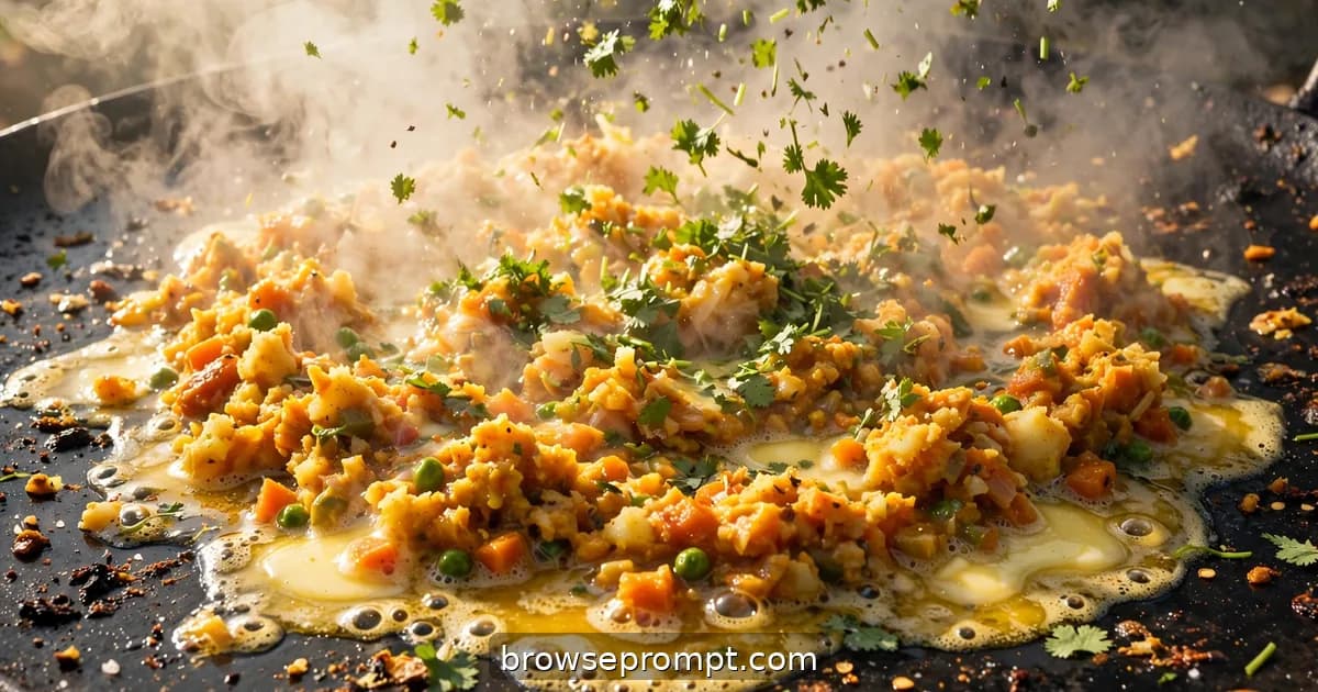 A Mumbai vendor mashing vibrant pav bhaji on a giant tawa, a slab of butter melting into a golden lake.