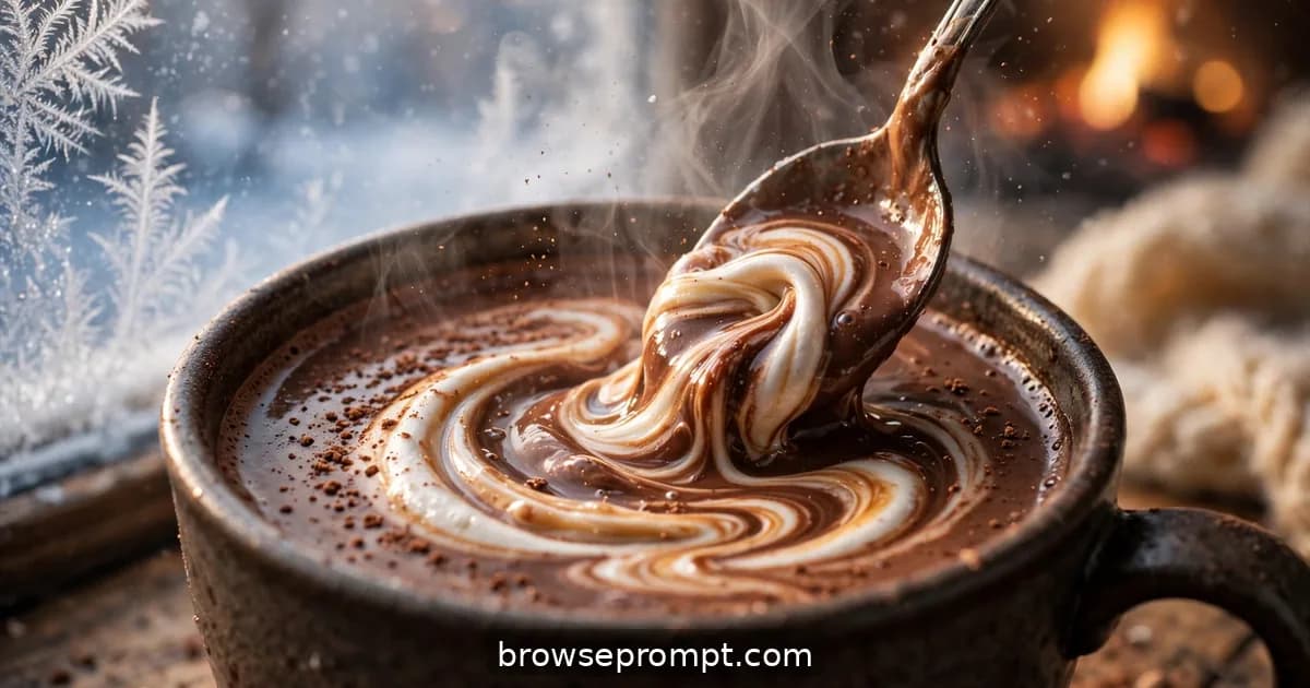 A steaming mug of hot chocolate, a spoon dragging ribbons of melted marshmallow through the dark surface.