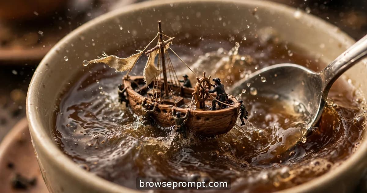 Tilt-shift photo of tiny sailors on a walnut-shell ship weathering a storm in a giant teacup.