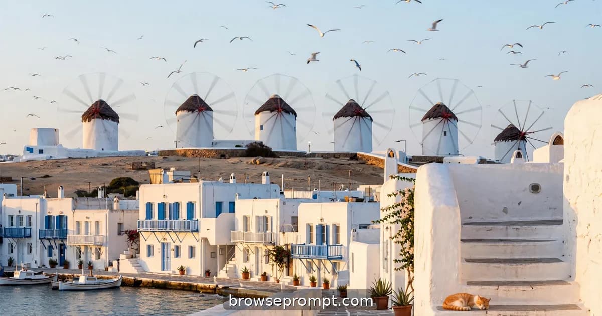 Mykonos windmill sails turning against a pale blue morning sky above whitewashed lanes.
