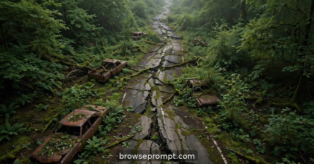 An aerial following a highway reclaimed by forest, rusted cars sleeping under the green.