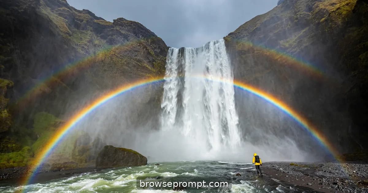 Skógafoss waterfall's massive curtain with a double rainbow burning through the drifting spray.