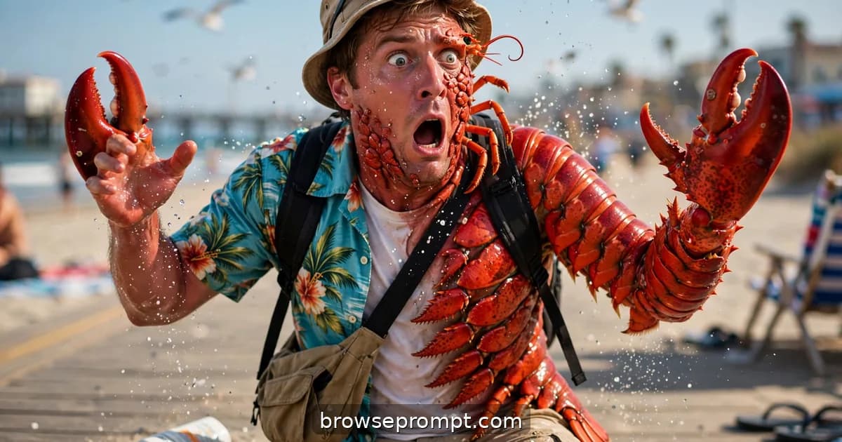 Comedic cover art: a tourist who refused sunscreen undergoes a timelapse transformation into a human lobster, narrated like a nature documentary.