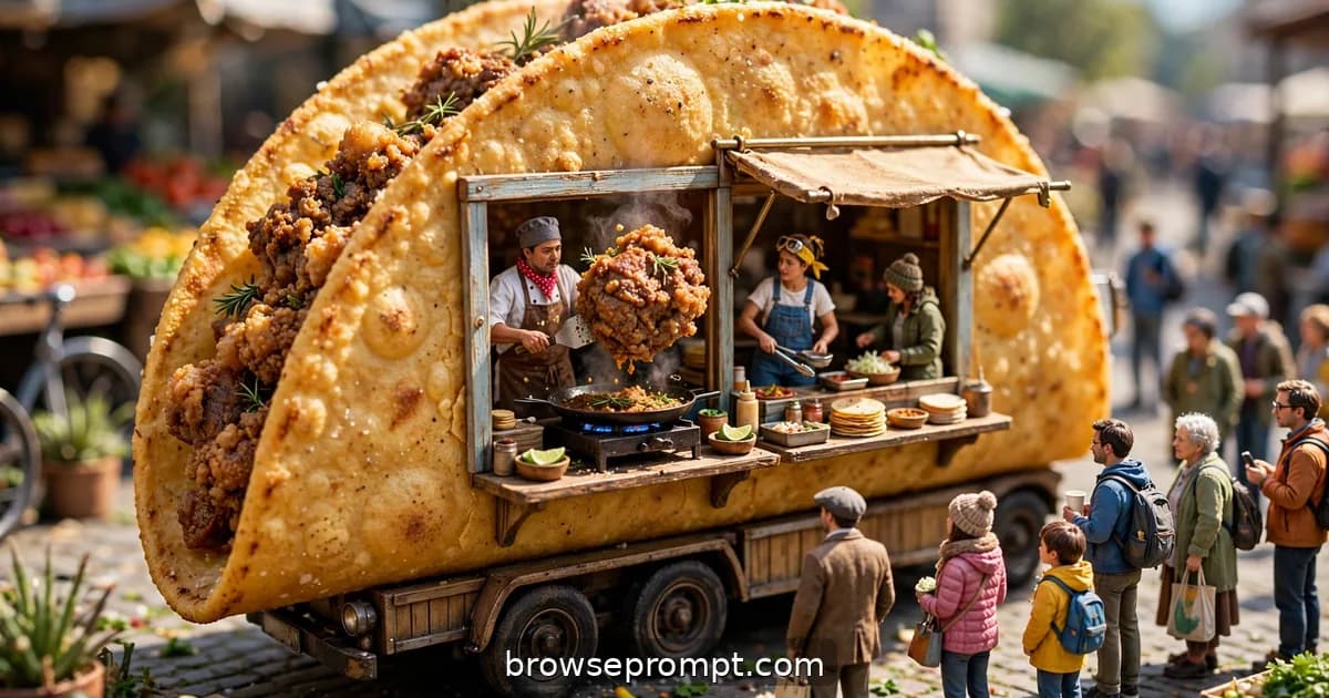 Tilt-shift photo of a tiny taco truck crew serving customers from a truck built inside a giant taco shell.