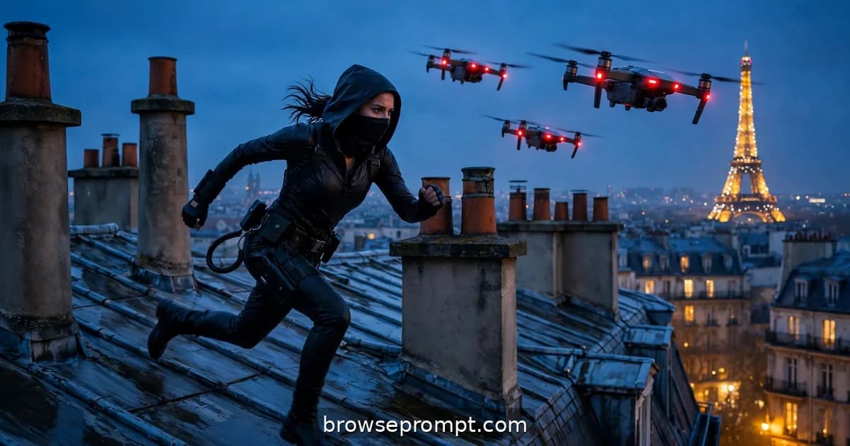 Cat burglar weaving between chimney pots on Paris rooftops at blue hour, cinematic still.
