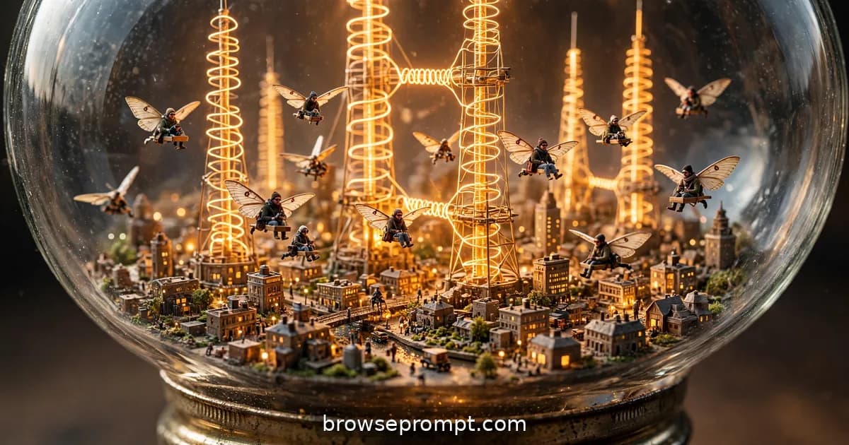 Tilt-shift photo of a tiny glowing city with filament-wire towers living inside a giant lightbulb.