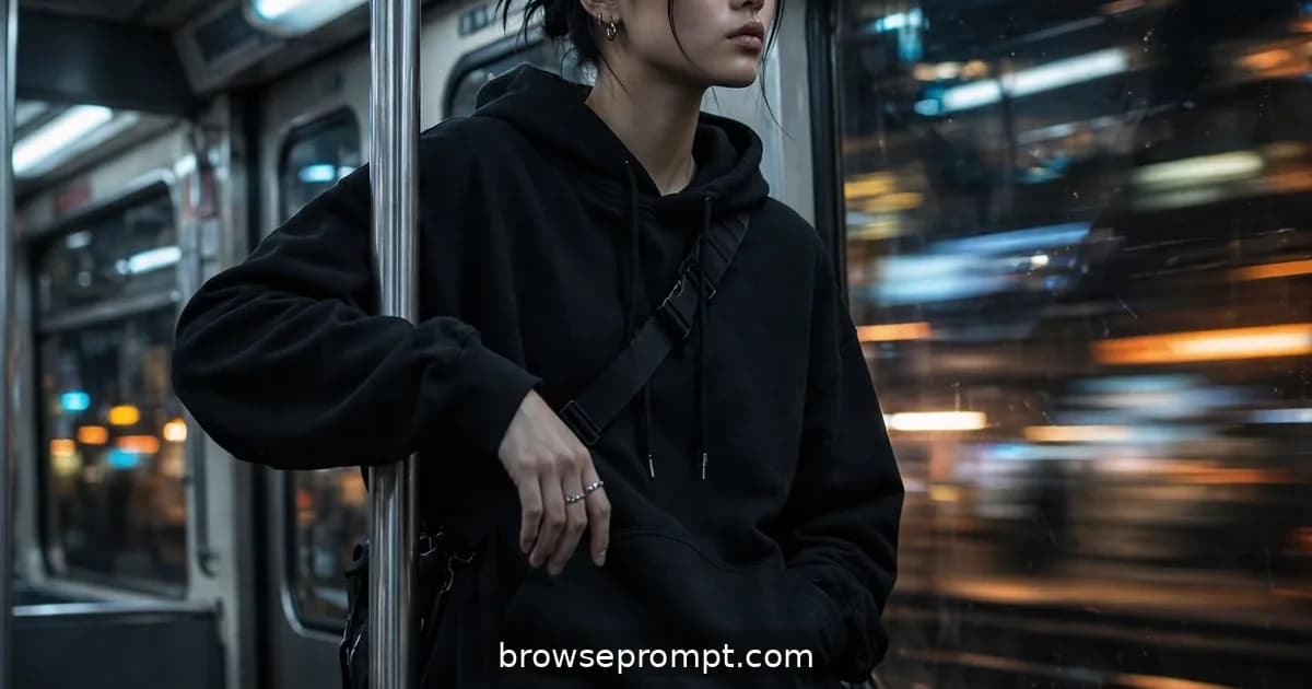 A model in monochrome streetwear leans against a pole inside a moving subway car as the city blurs past the windows.
