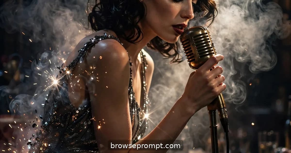 A singer in a gunmetal sequin gown grips a vintage microphone in a single spotlight cutting through cigarette smoke.