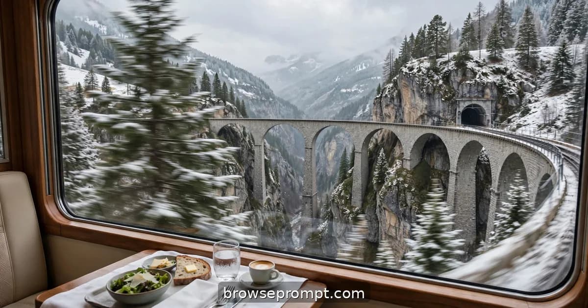 Glacier Express panoramic window framing the Landwasser Viaduct curving over a deep alpine gorge.
