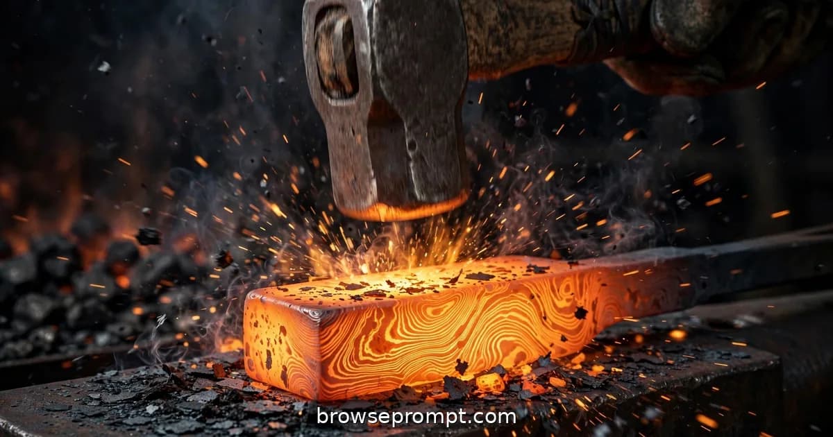 A bladesmith's hammer strikes folded Damascus steel, the watery pattern emerging amid a shower of sparks.