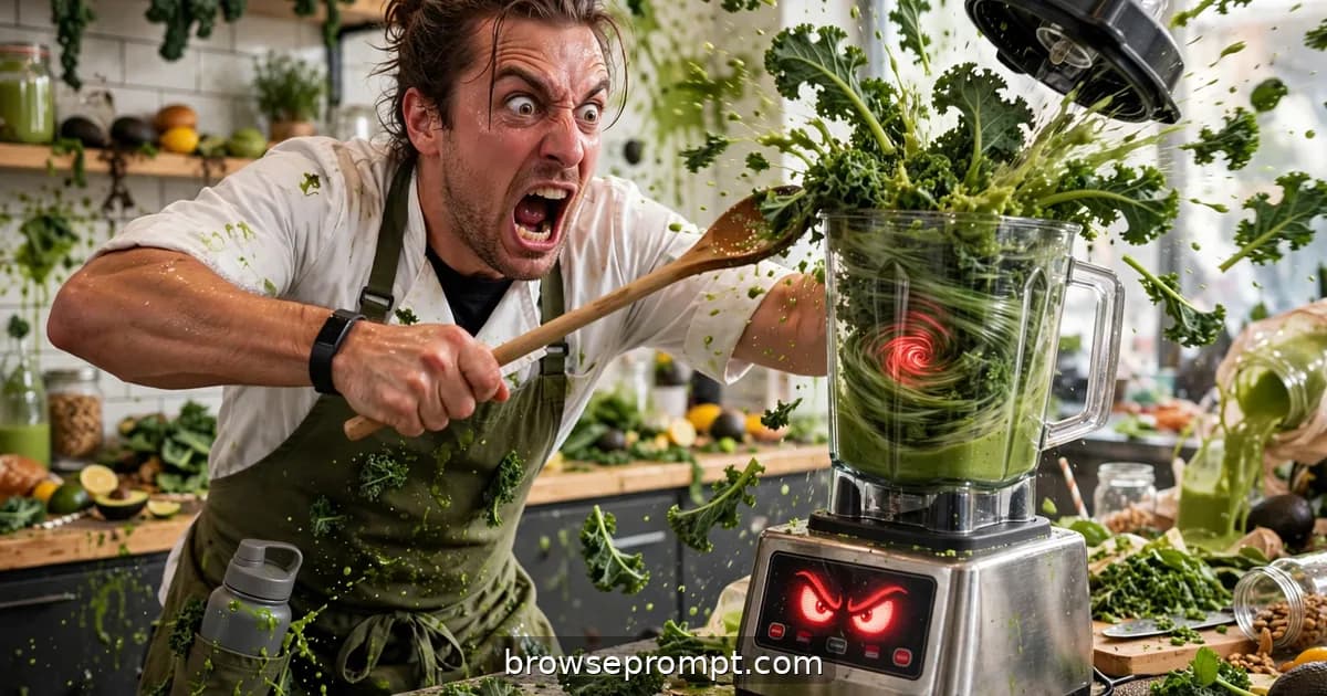 Comedic cover art: a health-obsessed chef battles a possessed commercial blender that refuses to stay lidded, redecorating the juice bar in kale.