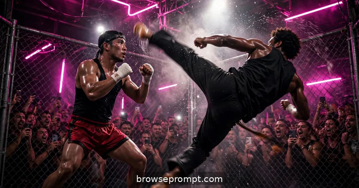 Muay Thai brawler and capoeira fighter colliding in a neon-lit fight pit, cinematic still.