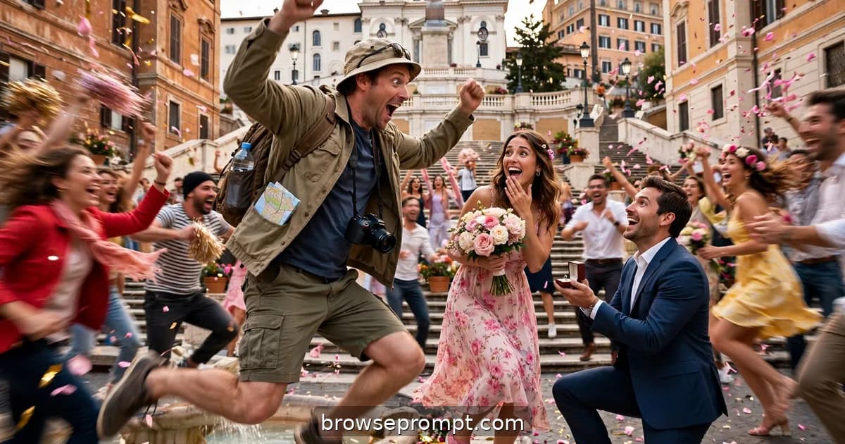 Comedic cover art: a confused tourist wandering the Spanish Steps gets swept into a marriage-proposal flash mob and becomes its most committed dancer.