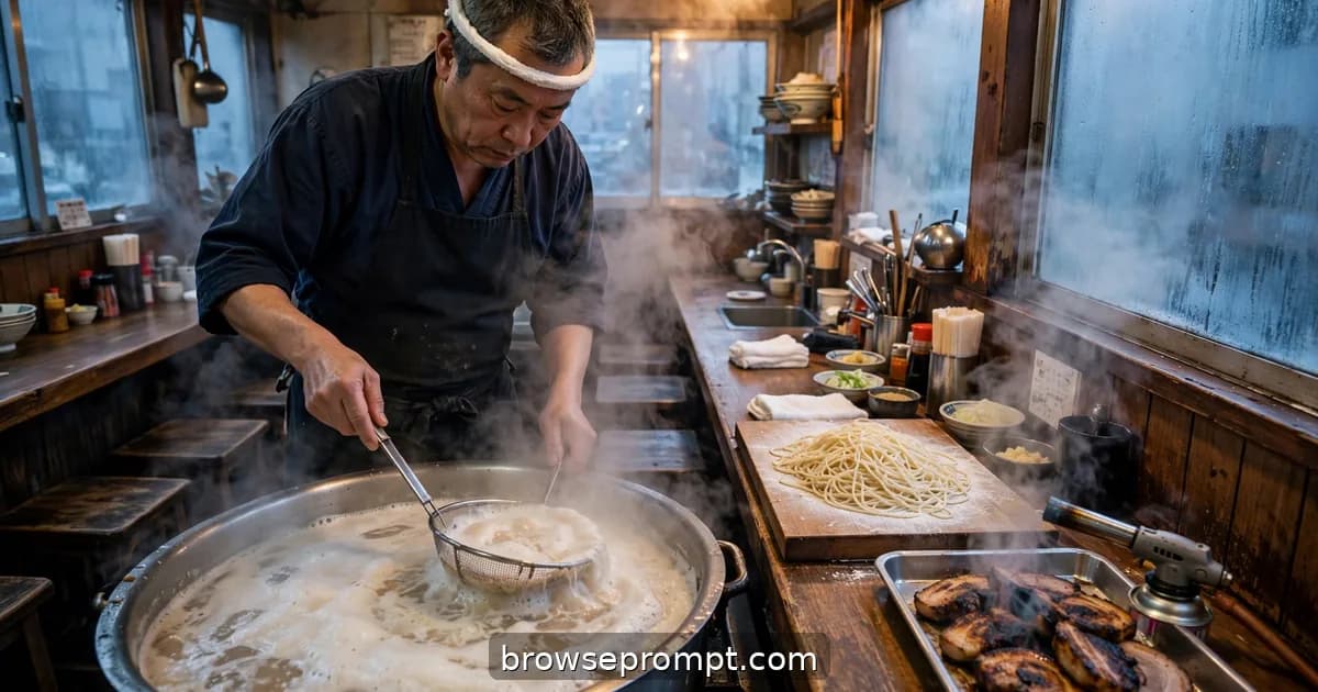 A ramen master tends a violently boiling tonkotsu pot in a tiny Tokyo shop, steam fogging the windows at dawn.